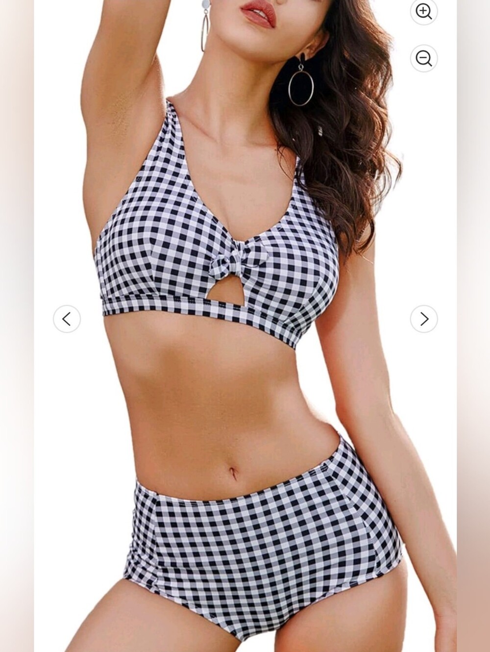 Retro Black & White Gingham Tie-Front Bikini Set W/ High-Waist Bottom